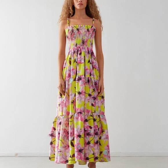 Delfi Fiona Floral Yellow Pink Smocked Tiered Maxi Dress Size XS - Picture 1 of 3